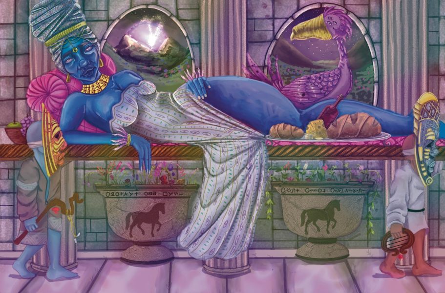 The Reliquary Glowing digital artwork of blue goddess reclined on palanquin being carried in palace.