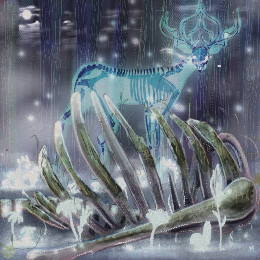 Mothers Lament A glowing spiritual deer in a spirit forest behind a mossy skeleton