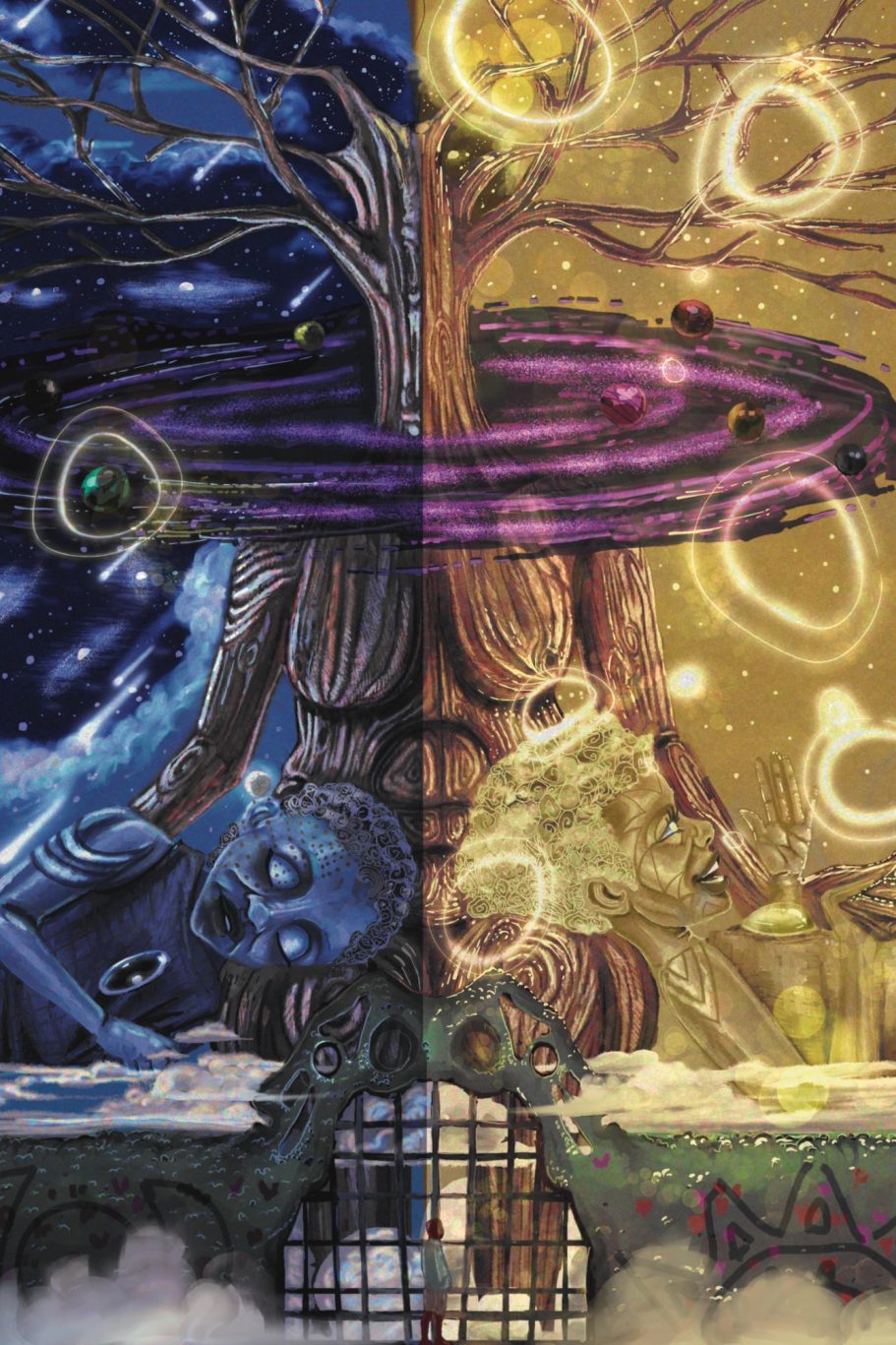 The Nexus of Hearts and Souls Vibrant digital artwork of world tree holding sun and moon spirits behind gate